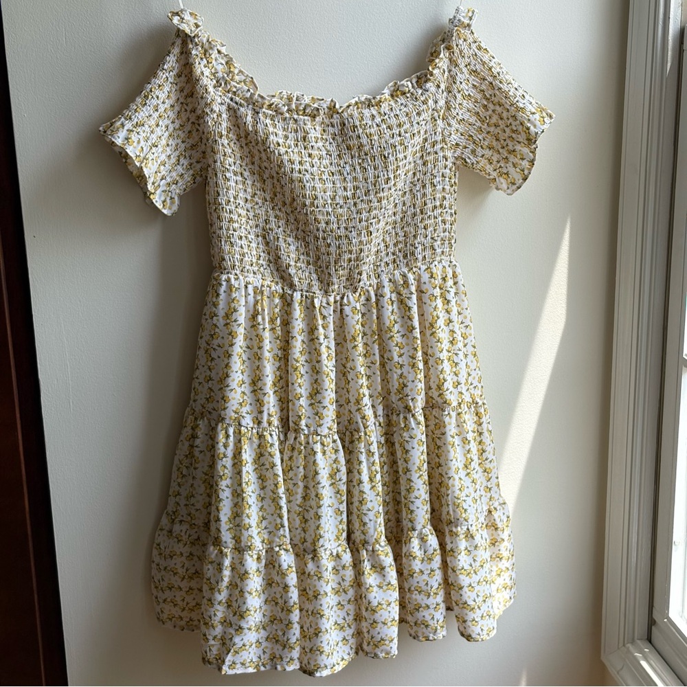 Francesca’s Lemon Off-Shoulder Mini Dress